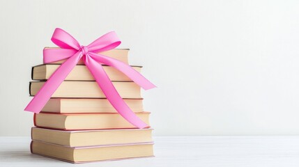 Stacked books with a pink ribbon as a creative gift idea for book lovers on a clean white background, celebrating literature and learning in a stylish way