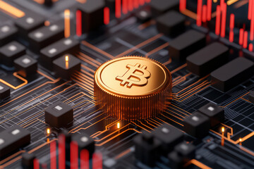 Poster - close up view of Bitcoin coin on circuit board, symbolizing digital currency and technology