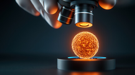 Poster - researcher examines glowing cell structure under microscope, showcasing intricate details and vibran