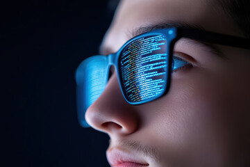 Poster - close up of young person focused on coding, with digital text reflected in glasses, showcasing concentration and learning