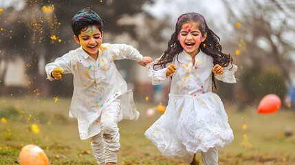two joyful children, splattered with vibrant holi colors, run playfully across a field. their white 