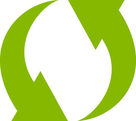Poster - two dynamic curved green arrows intertwining and rotating, symbolizing the continuous cycle of recyc
