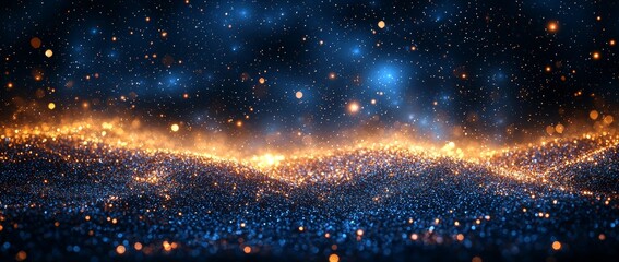 Wall Mural - background features abstract glitter lights in blue, gold, and black, enhanced with a defocused boke