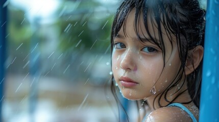 Wall Mural - Child in the rain. AI.