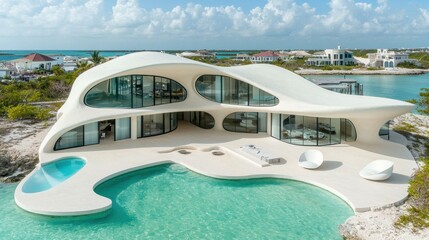 Wall Mural - Modern coastal home with organic architecture and infinity pool. AI.