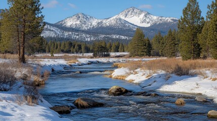 Wall Mural - snow-capped mountains reflected in a flowing river, winter landscape.