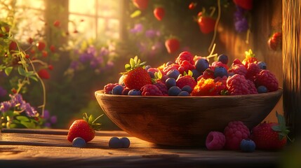 Canvas Print - A wooden bowl overflowing with fresh strawberries, raspberries, and blueberries sits on a rustic wooden table, bathed in warm sunlight.  A vibrant garden forms a picturesque backdrop.