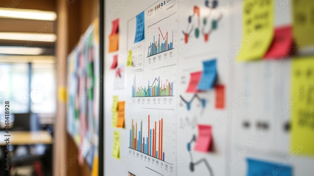 Whiteboard Graph Example Whiteboard with charts, graphs, and sticky notes; planning ...