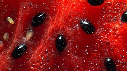 Sticker - Close-up shot of a juicy watermelon's red flesh, speckled with black seeds. The image showcases the texture and vibrant color of the fruit.