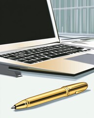 Poster - A shiny gold pen rests beside a sleek laptop on a clean desk, symbolizing productivity and creativity.