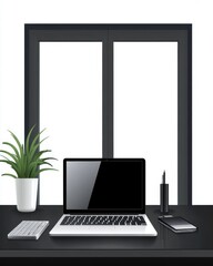 Poster - Minimalistic workspace featuring a laptop, smartphone, and plant against a bright backdrop.