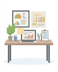 Poster - A modern workspace featuring a laptop, charts, potted plant, and office supplies perfect for productivity.