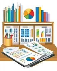 Poster - A vibrant workspace featuring colorful stationery, charts, and organized files, perfect for productivity.