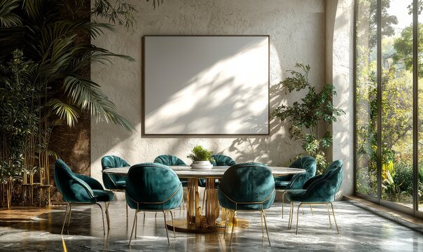 A cozy dining room design with a modern flair, featuring a white wall texture in the background, rendered in 3D