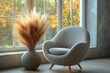 © serdon - Mid-century retro chair and pampas grass bouquet in a clay pot positioned against a window draped with curtains. This setting embodies a modern aesthetic minimalist home's living room interior design