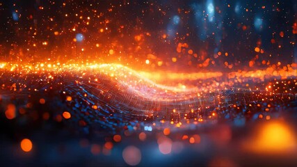 Wall Mural - An abstract depiction of a glowing digital energy field in orange and blue, featuring bright particles and flowing lines of light