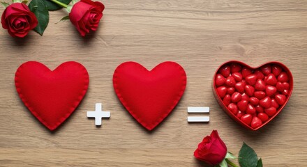 Poster - A charming scene of three red hearts each with a unique design arranged on a wooden surface with heart-shaped glossy candies and red roses valentines day