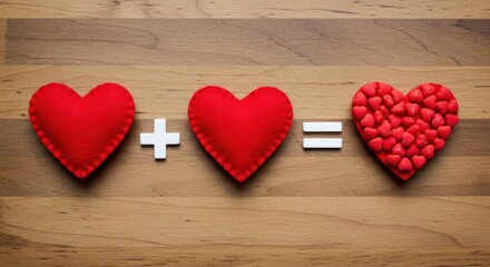 Poster - A charming scene of three red hearts each with a unique design arranged on a wooden surface with heart-shaped glossy candies and red roses valentines day