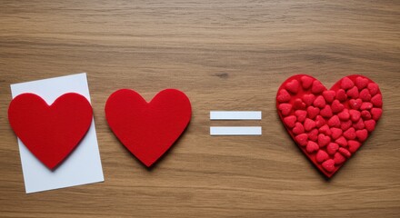 Poster - A charming scene of three red hearts each with a unique design arranged on a wooden surface with heart-shaped glossy candies and red roses valentines day