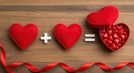 Poster - A charming scene of three red hearts each with a unique design arranged on a wooden surface with heart-shaped glossy candies and red roses valentines day