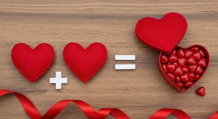 Poster - A charming scene of three red hearts each with a unique design arranged on a wooden surface with heart-shaped glossy candies and red roses valentines day