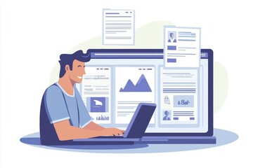 Poster - a cheerful young man engages with his laptop, reviewing documents and reports in a modern workspace.