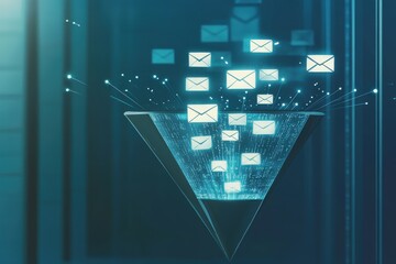 Poster - Digital concept of email communication with floating messages and a futuristic triangle design.