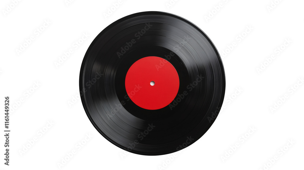 Rotating black vinyl record with red label on transparent background, representing music, nostalgia, and vintage audio technology