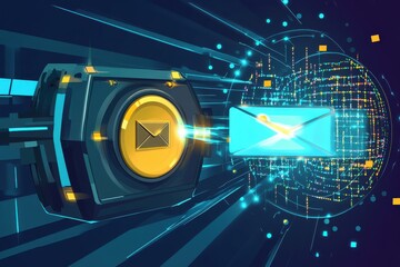 Poster - A digital representation of secure email transmission, featuring a glowing envelope and high-tech vault.