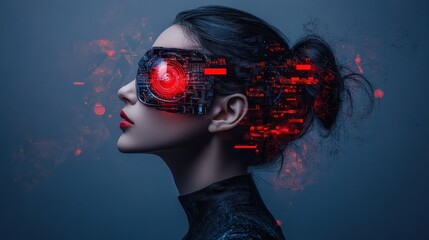 Wall Mural - Woman with futuristic red glowing headset, profile view.