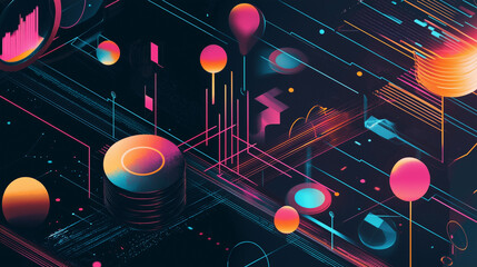Poster - A vibrant abstract artwork depicting a futuristic circuit board with glowing neon spheres, lines, and geometric shapes. Pink, orange, and blue hues dominate the dark background