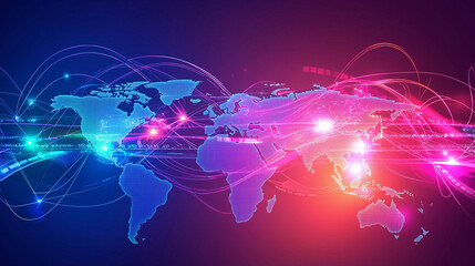 Poster - A stylized world map is shown with vibrant, flowing lines representing global data connections and network interconnectivity. Bright nodes highlight major data hubs