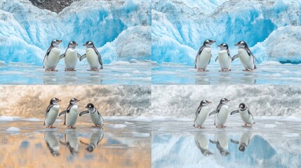 Wall Mural - four variations of a photograph showing two penguins standing on ice near a glacier, with reflection