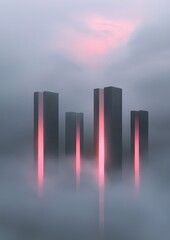 Wall Mural - A city skyline with tall buildings and a pink glow in the sky