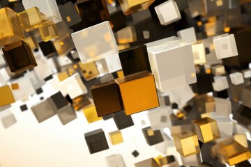 Poster - Abstract composition of golden and clear cubes floating against a soft gradient background.