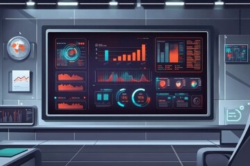 Poster - Futuristic data control room showcasing advanced analytics on a sleek digital display.