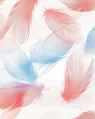 Poster - Delicate pastel feathers in soft red and blue hues create an elegant and airy background.