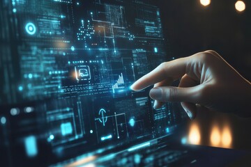 Poster - A close-up of a hand interacting with a futuristic digital interface featuring graphs and data analytics.