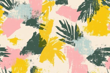 Poster - Vibrant abstract pattern featuring tropical leaves in yellow, pink, and teal hues.