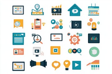 Poster - A vibrant set of social media and digital marketing icons, illustrating modern communication tools and analytics.