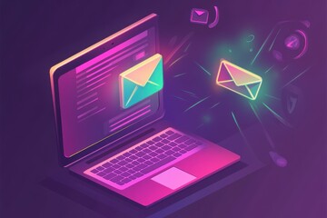 Poster - A vibrant digital illustration of a laptop displaying colorful email notifications, symbolizing communication.