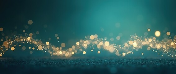 Glowing golden bokeh lights on a teal background, evoking a dreamy and festive atmosphere.