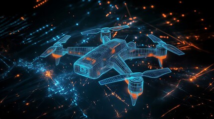 Poster - Futuristic hologram drone flying over digital landscape