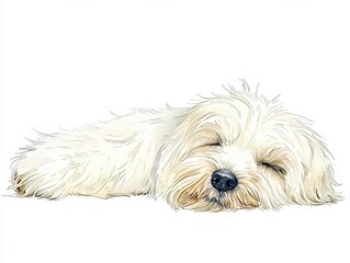 Sleeping fluffy dog home white background close-up comfort and serenity