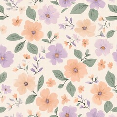 Poster - Floral pattern featuring delicate flowers in soft hues with green leaves on a light background, perfect for various design uses. Generative AI