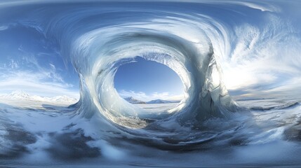 Wall Mural - 360? view of an icy archway over a frozen landscape, with a clear blue sky visible through the opening.