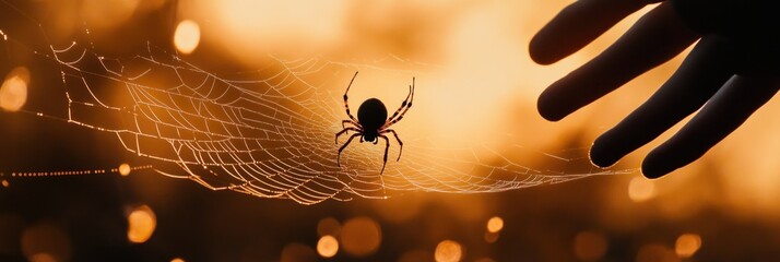 Spider on a web with a hand approaching at sunset.