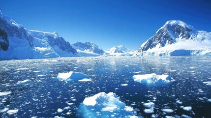 Wall Mural - antarctic landscape serene ocean with icebergs and snow-capped mountains under a clear blue sky.