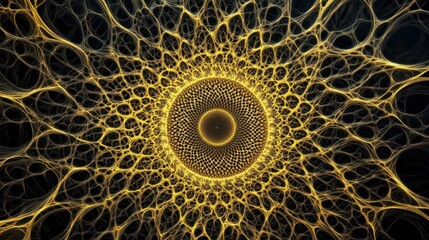 Wall Mural - abstract fractal art with gold veins radiating from a central sun-like core on black background.