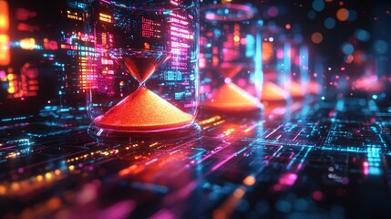 Aufkleber - artwork features cyberpunk hourglass illuminated neon colors. Glowing sand flows its chambers surrounded high tech details creating dynamic atmosphere.